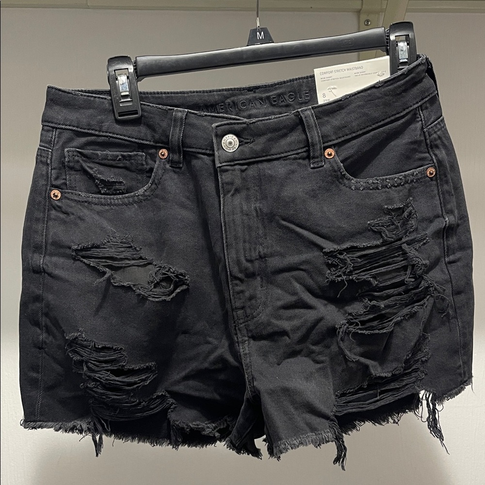 American Eagle Outfitters Black Ripped Super High Rise Mom Jean Shorts